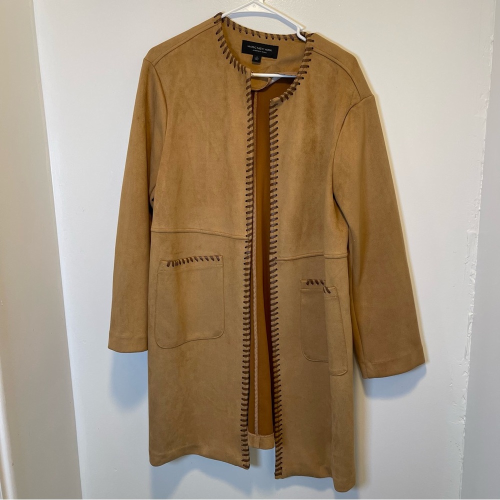 Marc New York Tan Open‎ Front Coat with Stitch Detail suede women’s size small
